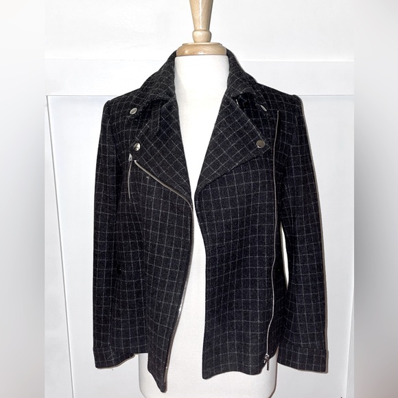 FILIPPA K // Swedish 🇸🇪 brand wool blend grid pattern moto jacket swing coat - Picture 1 of 15